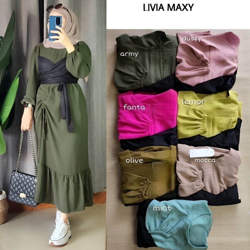 Baju Livia Long Dress Maxy Gamis Pesta Modern Gaun OOTD Kondangan Bahan Matt Cringkle Polos Basic Pr