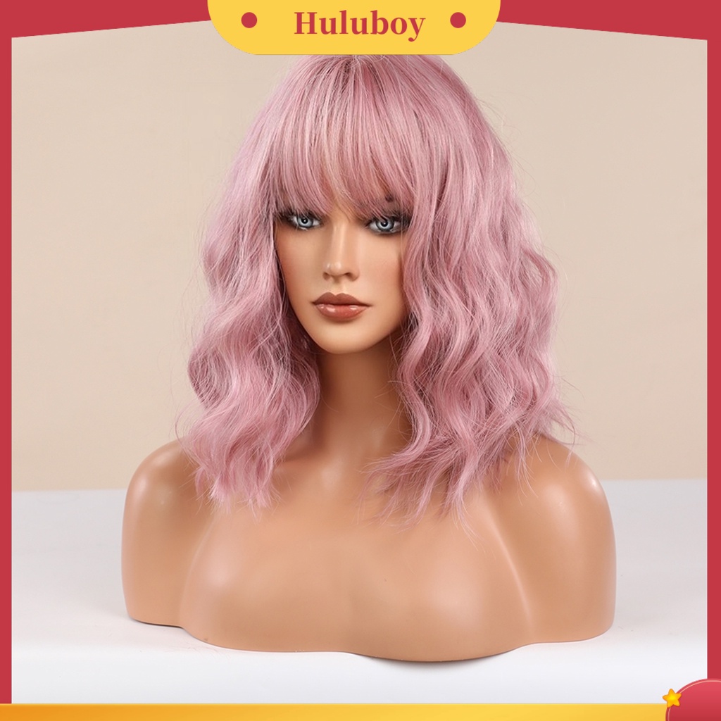 Wig Rambut Keriting Medium Ringan Dengan Poni Warna Pink Untuk Pesta Cosplay