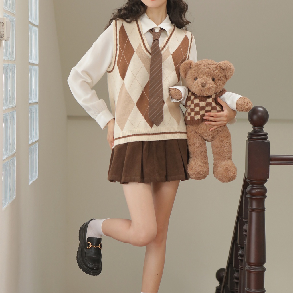 Aria Vest Rompi Argyle V Neck Motif Rajut Wanita Korea