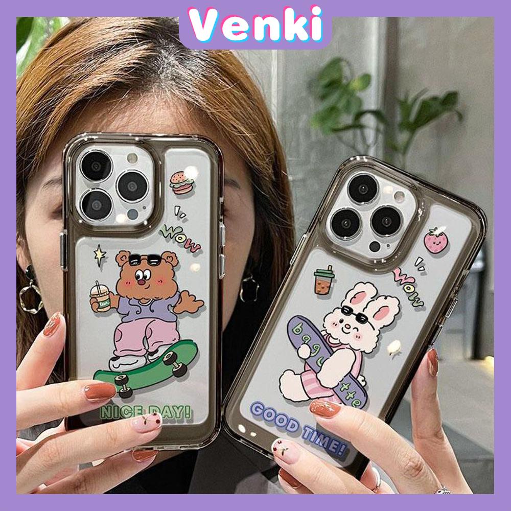 iPhone Case High Quality HD Transparent Acrylic Hard Case Skate Bear and Rabbit Metal Button Camera Protection Shockproof Compatible For iPhone 14 13 12 11 Pro Pro Max 7 8 Plus XR