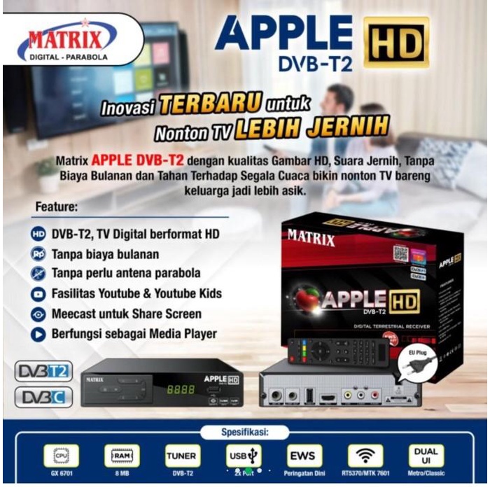 Paket Set Top Box DVBT2 Matrix Apple HD New Merah (YouTube) + WIFI Don