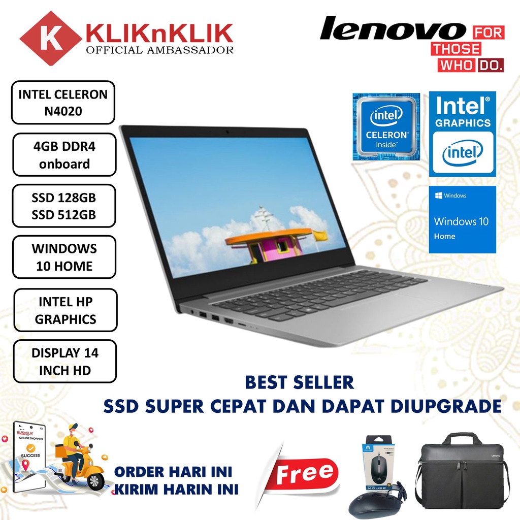 Laptop Murah Lenovo Ideapad Slim 1 14 Intel Celeron N4020 4GB 512GB SSD HD Windwos 10 Home Platium Grey Terlaris