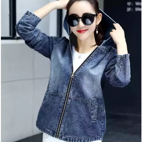 JAKET JEANS HOODIE WANITA + BORDIR Santai