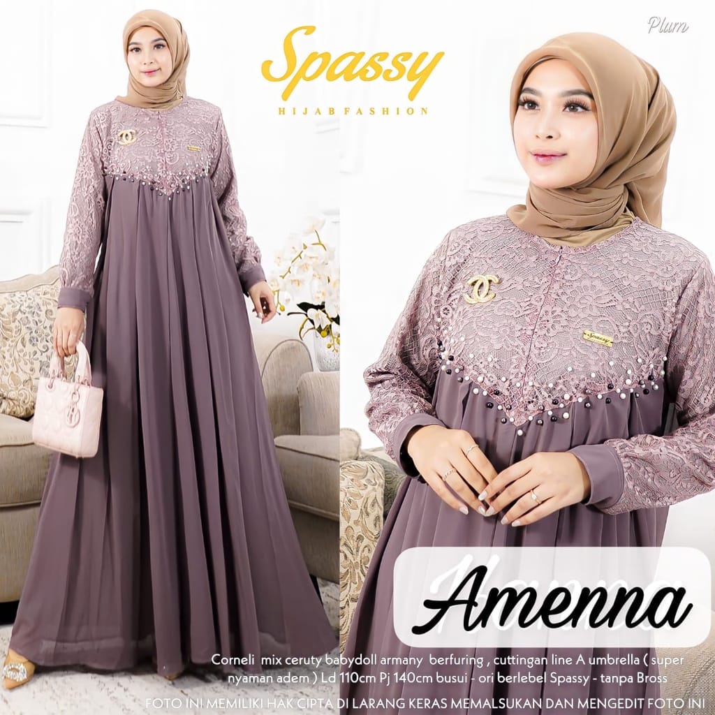 Amenna Dress Wanita Gamis Brukat Baju Kondangan Busana Muslim Wanita Terbaru Gamis Jumbo Ceruty Babydoll Aksen Mutiara