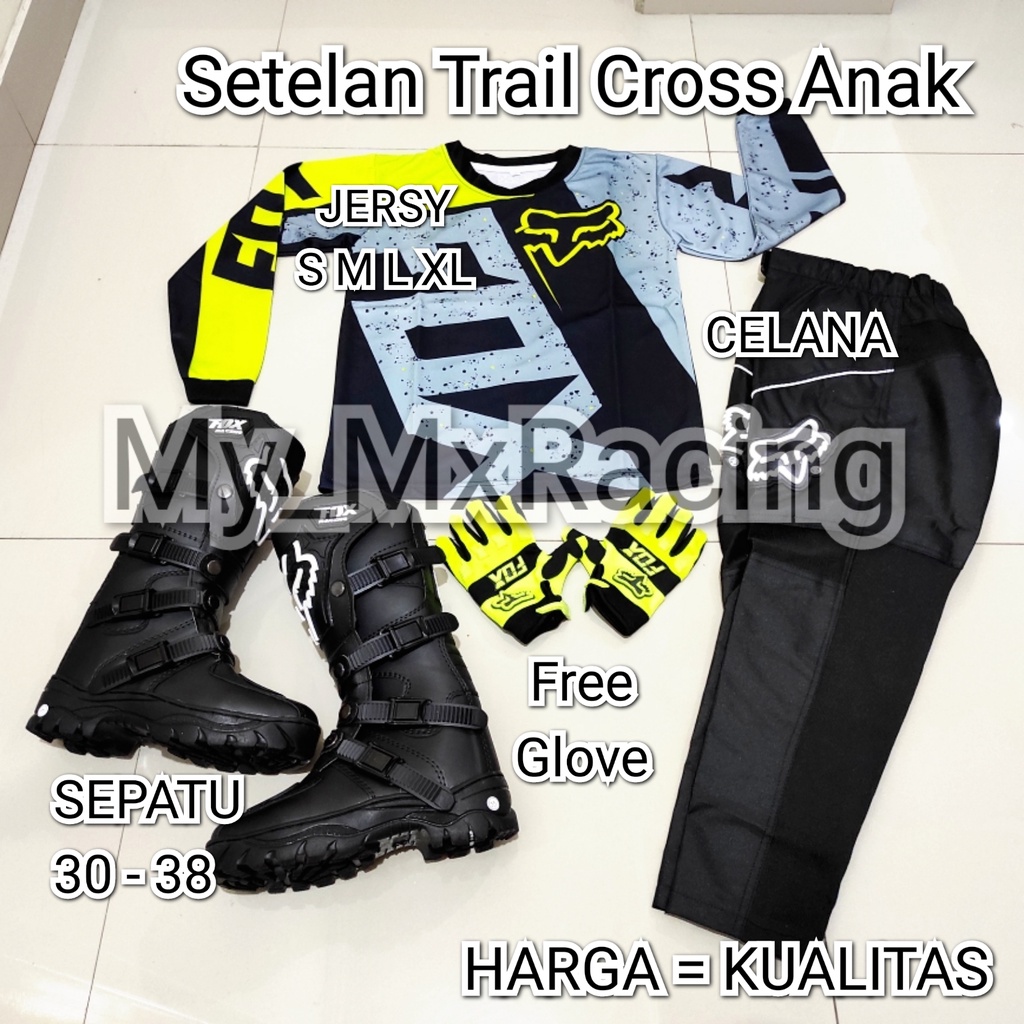 sepatu trail cross anak fullset jersey baju cross trail anak celana anak cocok usia 4 - 12thn ,bonus sarung tangan terlaris printing jerset anak stelan ke gunung offroad kode 002 bisa bayar di tempat