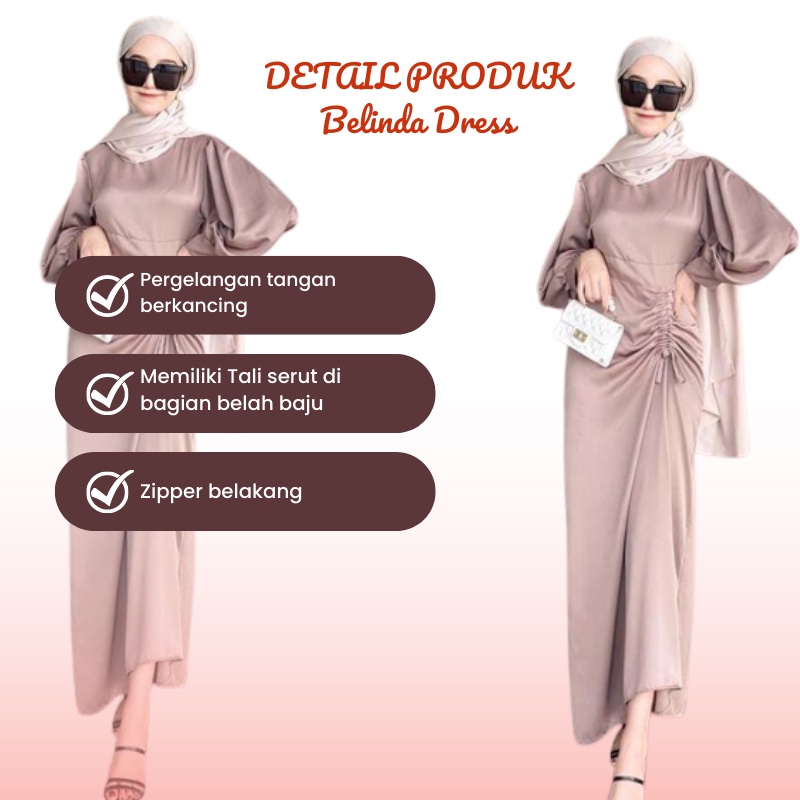 Baju Gamis Kondangan Wanita Dewasa Zipper Belakang Belinda Dress Kondangan Mewah Simpel Bahan Satin Premium Tali Serut LD 100 Fit To L Fashion Pesta Muslim Wanita Terbaru