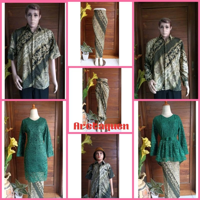 couple batik keluarga motif hijau sage couple kondangan kemeja batik rok plisket rok lilit