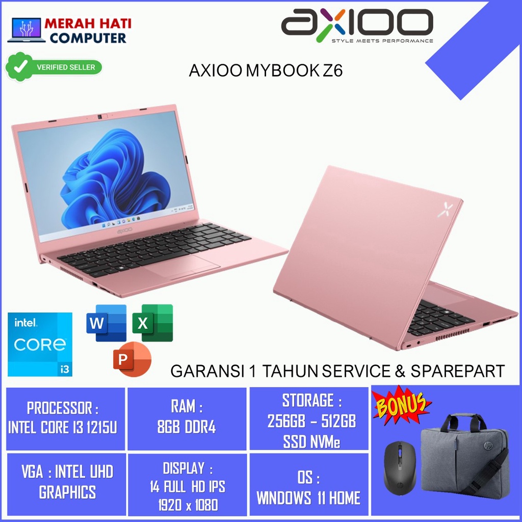 Laptop Axioo Mybook 14 Z6 Intel i3 Gen12 1215U RAM 8GB SSD 256GB FHD IPS Windows 10 Original Terlaris