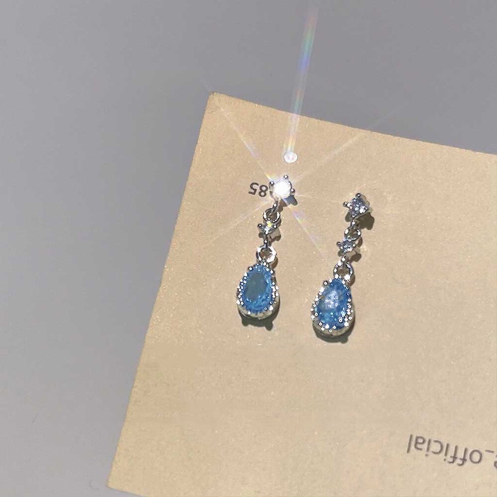 Anting Tusuk Gantung Bahan Sterling Silver 925 Hias Batu Zircon Biru Gaya Koreasimple Untuk Wanita