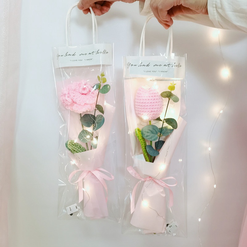 Tas Pembungkus Kemasan Buket Bunga PVC Transparan Portabel DIY Pernikahan Ulang Tahun Valentine Day Gift Florist Dekorasi Perlengkapan Tote Panjang Bening Bag LED Flash Light