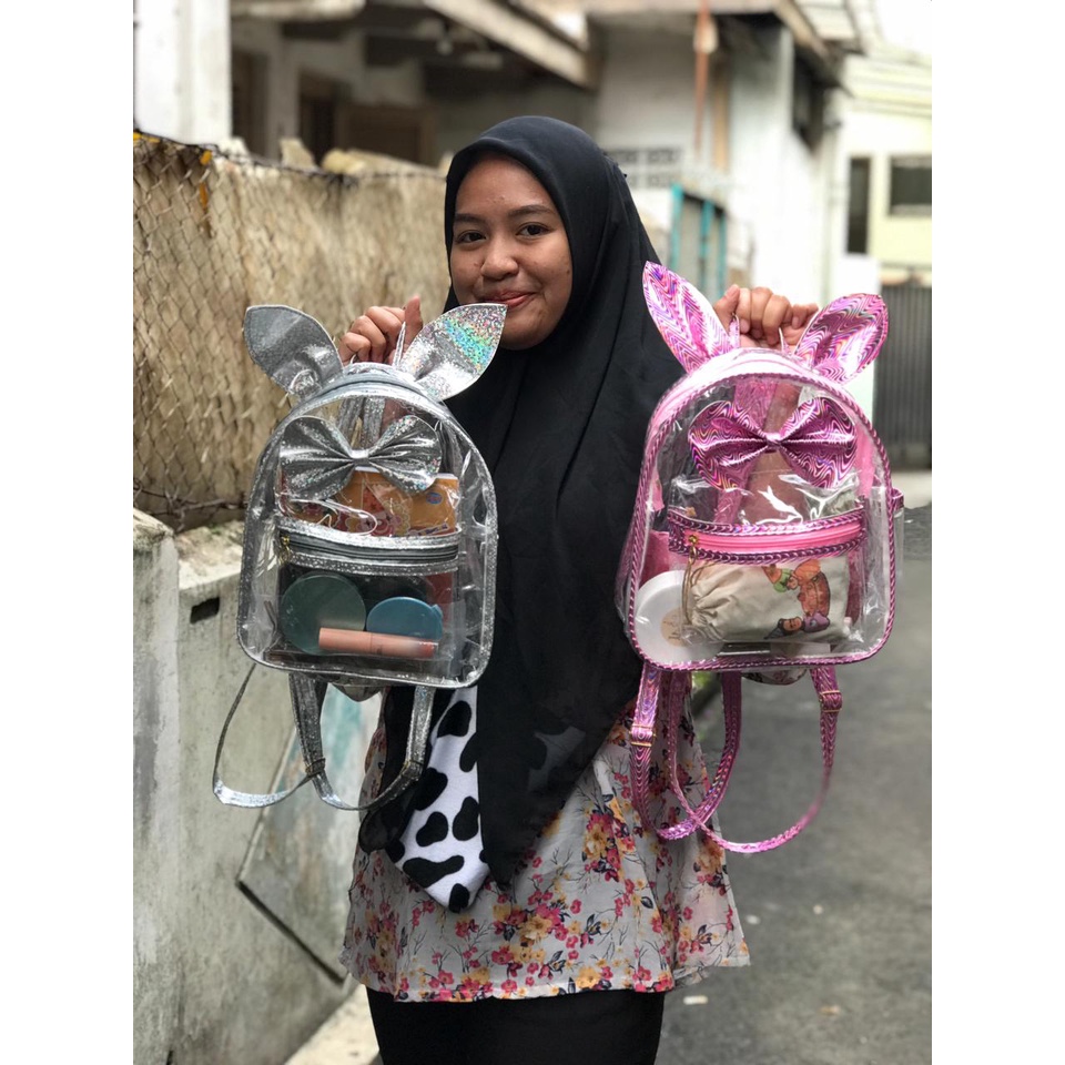 Tas Ransel Wanita Mini Bunny Pvc Transparant Hologram Tas Gendong Anak Remaja