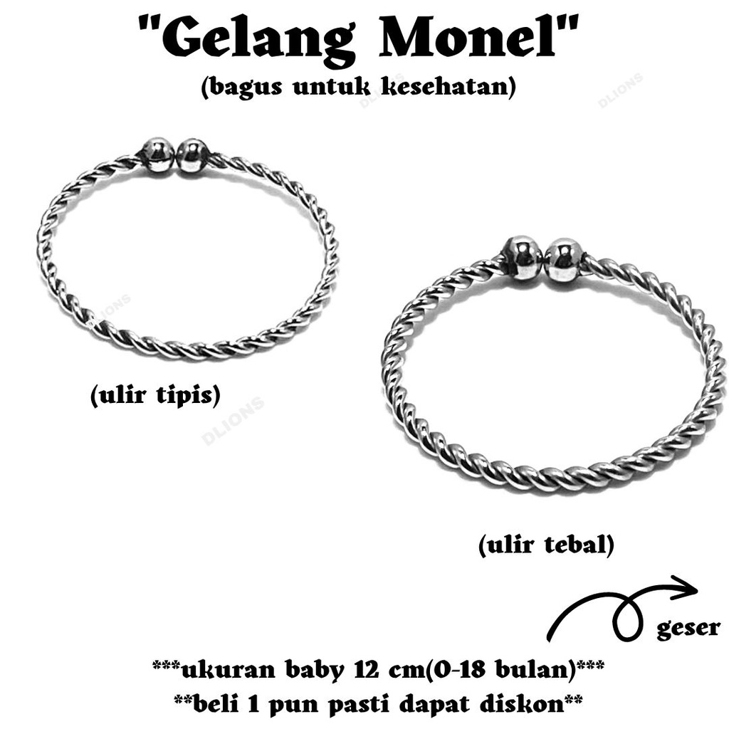 gelang monel bayi (0-18 bulan) diameter 12 cm,bagus untuk kesehatan,tidak berkarat,tidak luntur,tidak membuat gatal pada kulit,semakin mengkilap jika terkena air dan sabun