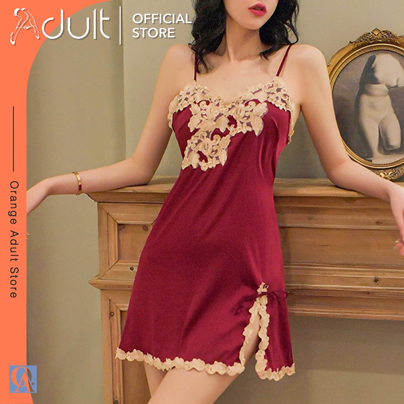 ORANGE ADULT Sexy Dress Satin Lingerie Sexy Motif Brukat Bunga Baju Dinas Malam elegan 1014