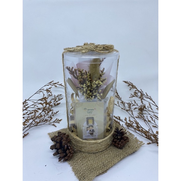 Gold Mini Bouquet Dried Flower dan LM Emas Antam Hartadinata 0,1 0,25 gram in Cylinder /Buket bunga 