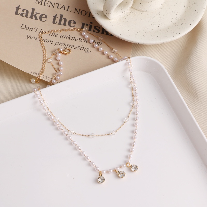 Retro Mewah Drop Zirkon Multilayer Kalung Elegan Mutiara Tumpang Tindih Kalung