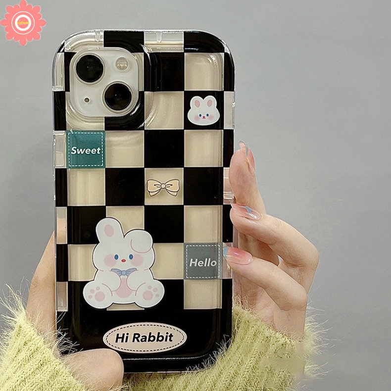 IPHONE Casing Kelinci Beruang Lucu Kompatibel Untuk Iphone11 13 14 12 Pro MAX 7plus 7 8 6 6S Plus XR X XS MAX Couple Case Kotak-Kotak Shockproof Airbag Soft TPU Lovers Phone Case