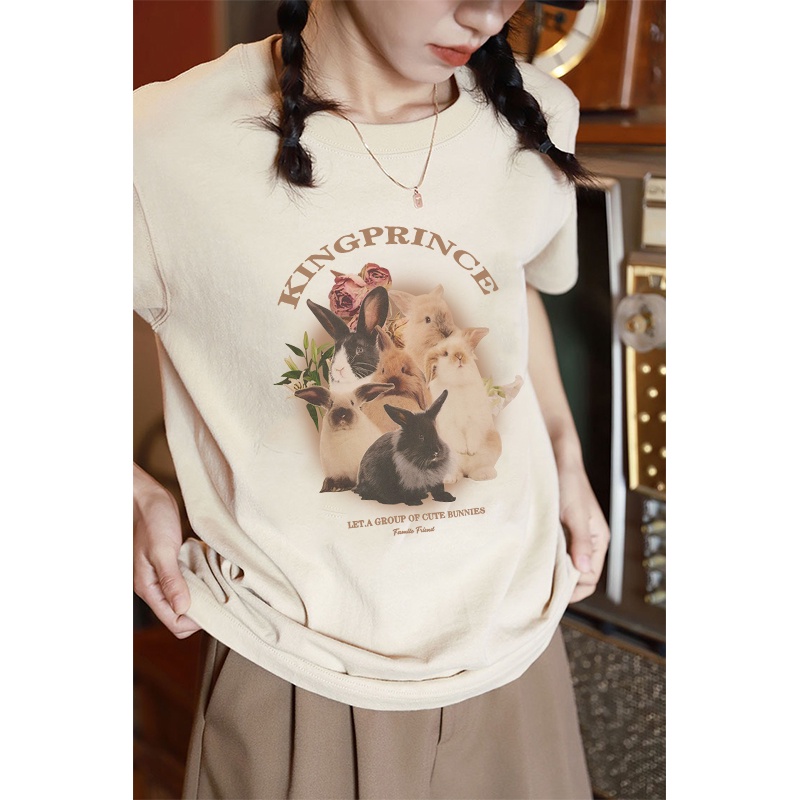 [chaoo.id]3 warna 100% Katun Graphic Tee Baju Wanita Cute Rabbit Atasan Wanita Oversize Kaos Putih T-shirt Couple Korean Style