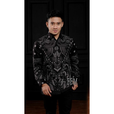 Kemeja Batik Kondangan Batik Pria Panjang Modern Motif Cakra Putih-G HITAM