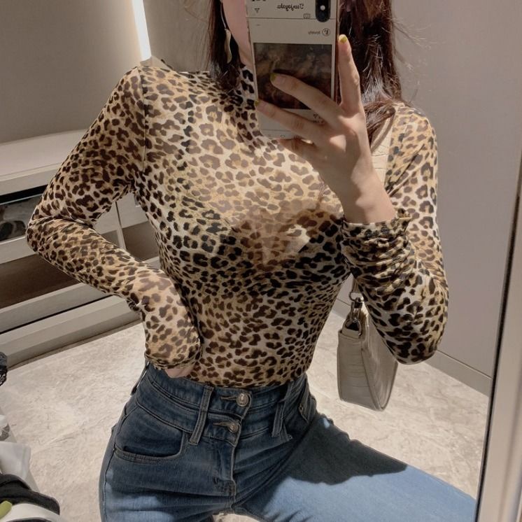 ✓▽✷Suhao chic gaya Hong Kong kerah setengah tinggi leopard top wanita musim gugur dan musim dingin temperamen slim slim lengan panjang T-shirt seksi kemeja bottoming