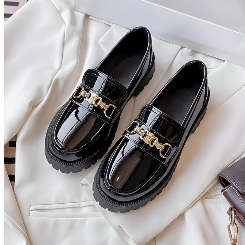 Sepatu Docmart Wanita Hitam Gesper Hak Datar Kasual Import Premium DF 566 Sepatu Flat Loafers Kulit Cewek Kekinian Fashion Korean Style 8045 Bisa Cod