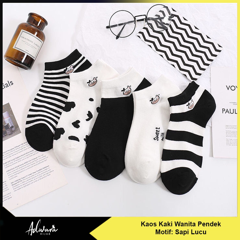 Kaos Kaki Pendek Semata Kaki Wanita Motif Sapi Lucu Hitam Putih