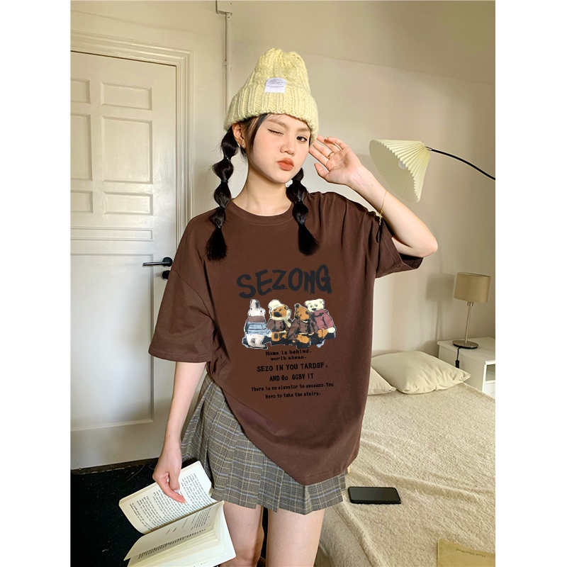 kaos korea wanita oversize lengan pendek lettering cartoon graphic print T-shirt vintage kaos perempuan