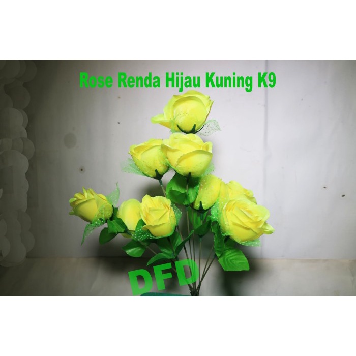 Baru Mawar Renda Hijau K9 Kuning / Bunga Artificial / Bunga Plastik - Kuning Murah