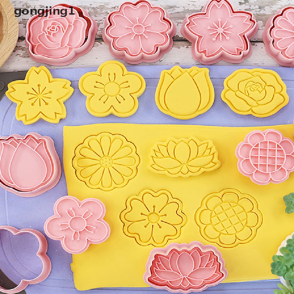 Ggg 8Pcs /Set Bentuk Bunga Pemotong Kue Kering 3D Plastik Biskuit Cetakan Cookie Stamp DIY Fondant Cetakan Kue Dapur Baking Pastry Bakeware Cookie Press Mold ID