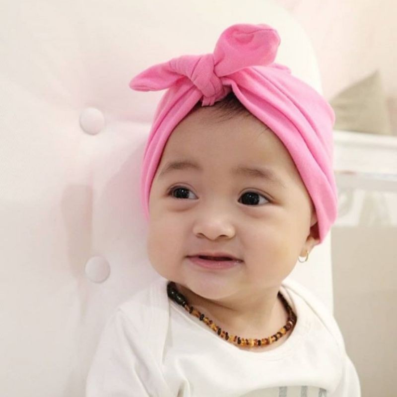 Turban Bayi Anak Perempuan / Headband Hijab Anting Pom Pom Ciput Gemoy Baby Polos Pita Topi Jilbab Murah ZR Vedia