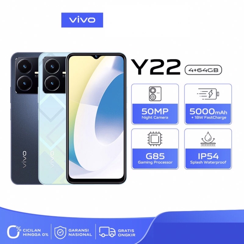 Vivo Y22 | 4GB+64GB - 6GB+128GB | Helio G85 | 50MP Dual Camera | 6.55&quot; IPS LCD | IP5X | IP4X | Li-Po 5000mAh Garansi Resmi Vivo 1 Tahun