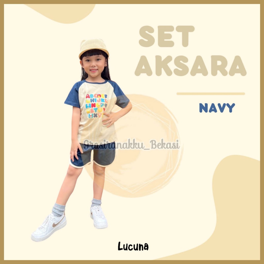 Setelan Anak Cewek Aksara Lucuna  Warna Navy Size 1-5 THN