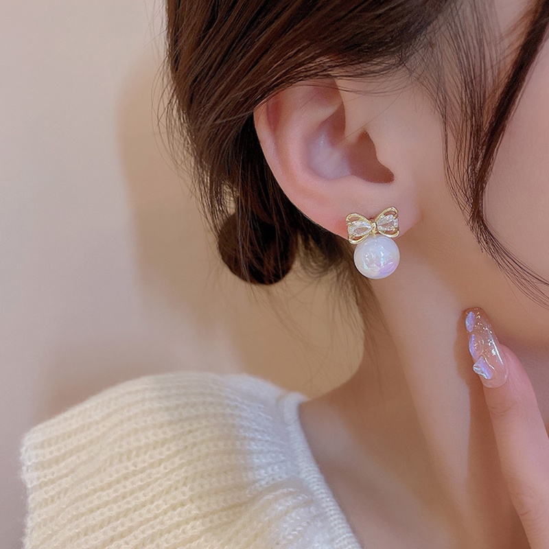 Anting Busur zircon Mutiara High-gloss Untuk Wanita Aksesoris Telinga Korea