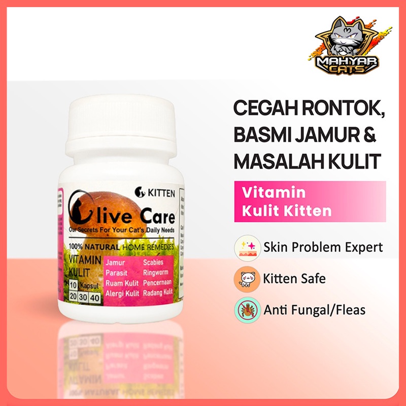 Olive Care Vitamin Kucing MASALAH KULIT KITTEN untuk Bulu Rontok, Jamur, Kutu, Scabies, Ringworm, Ruam dan Radang Kulit