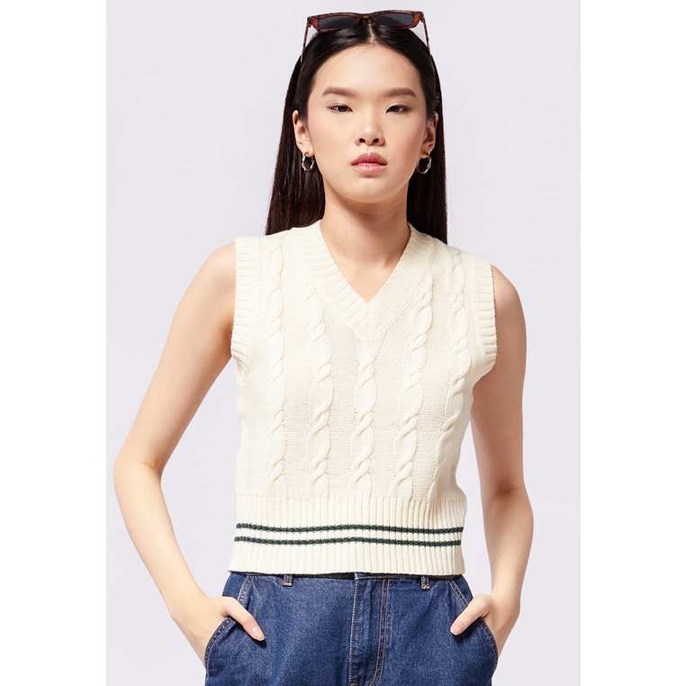 Colorbox Stripe Cable Knit Vest Ecru