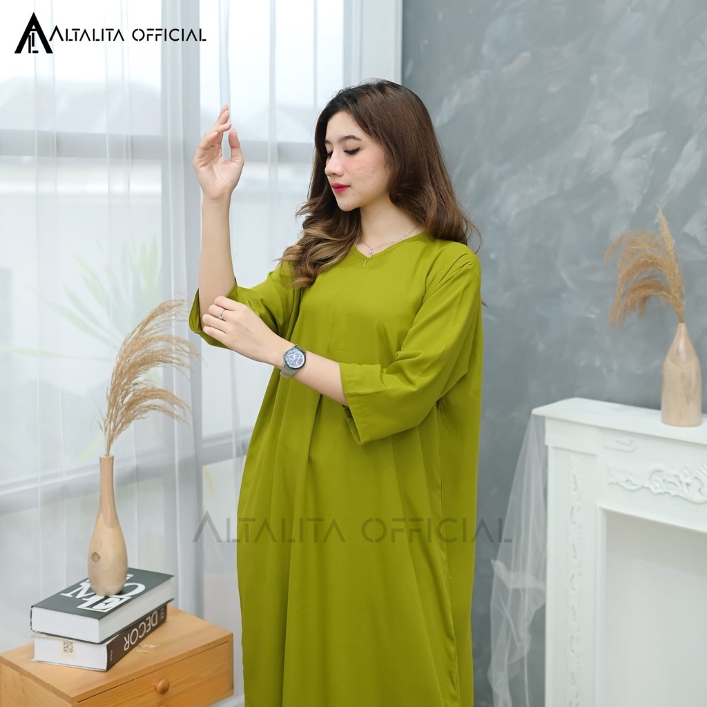 Altalita - Daster Polos Semata Kaki Busui Lengan Tangan Panjang 3/4 Home Dress Gamis Rayon Polos Jumbo LD 120 Long Dress Polos Tangan Panjang Bahan Katun Rayon Adem Tebal Premium