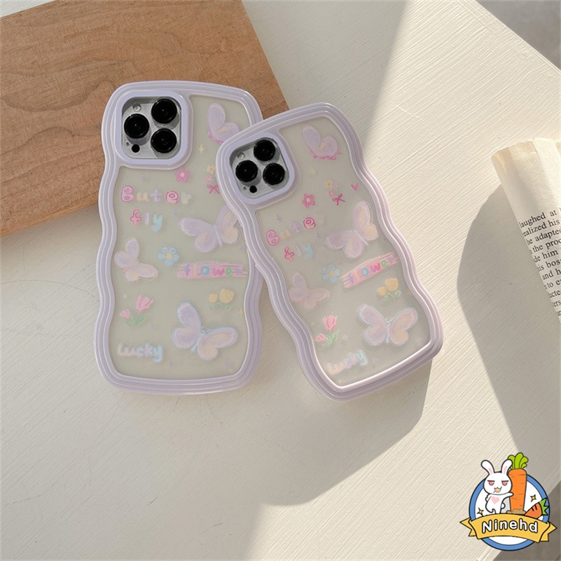 IPHONE Casing Kompatibel Untuk Iphone14 13 12 11 Pro Max X Xr Xs Max Iphone8 7 6 6s Plus Casing Ponsel Kupu-Kupu Ungu Populer Bingkai Bergelombang Silikon Bening Anti-Jatuh Soft Case Cover Pelindung