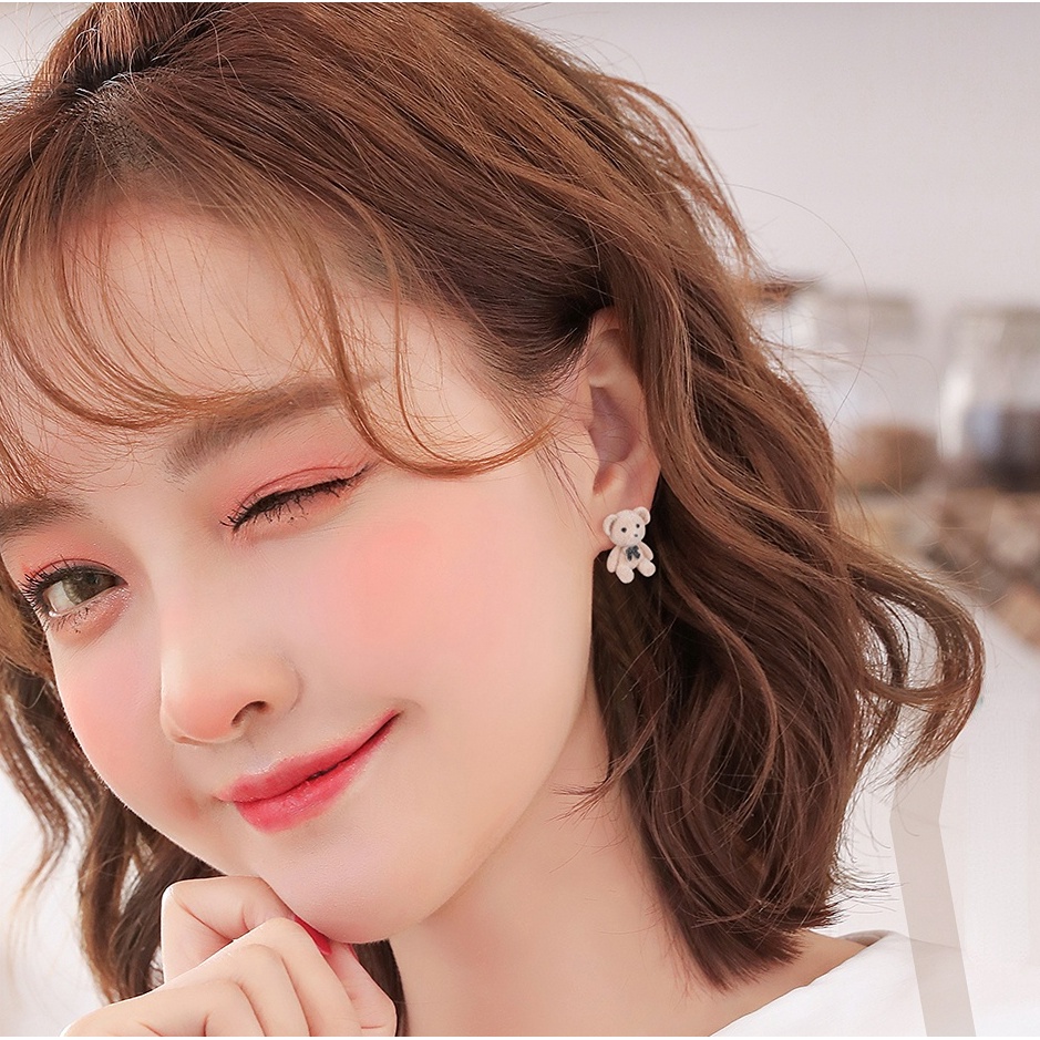 Korea Indah Beruang Coklat Beruang Kelinci Kecil Beludru Anting-Anting Mewah Sterling Silver Earrings Fashion Accesssory