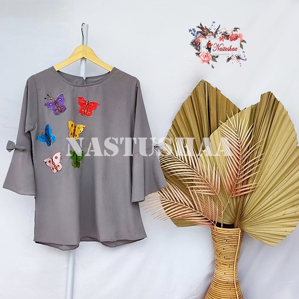 Baju Atasan Wanita Blouse Butterfly Lengan Terompet 7/8 Cantik Warna Polos Bordir Asli Motif Kupu-Kupu Top Wanita Dewasa