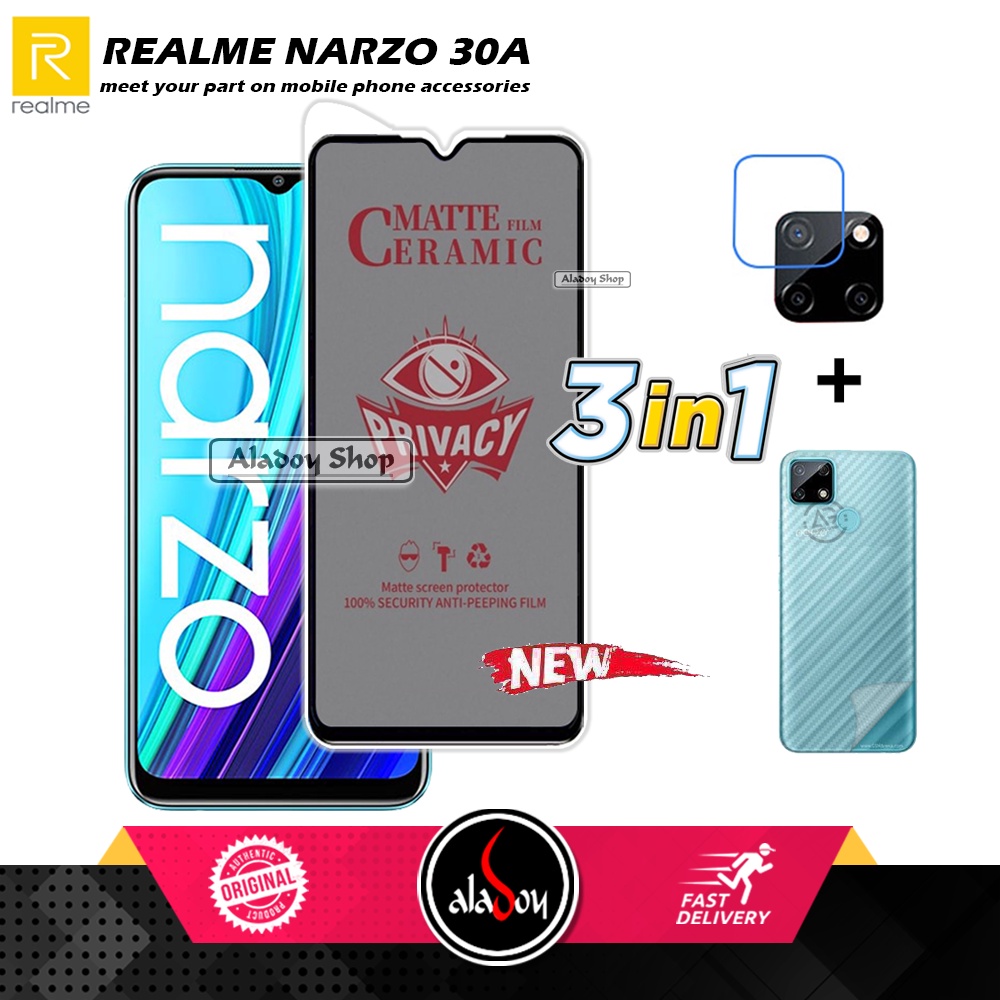 Tempered Glass Anti SPY Realme Narzo 30A Anti Gores Privacy + Tempered Glass kamera dan Skin Carbon