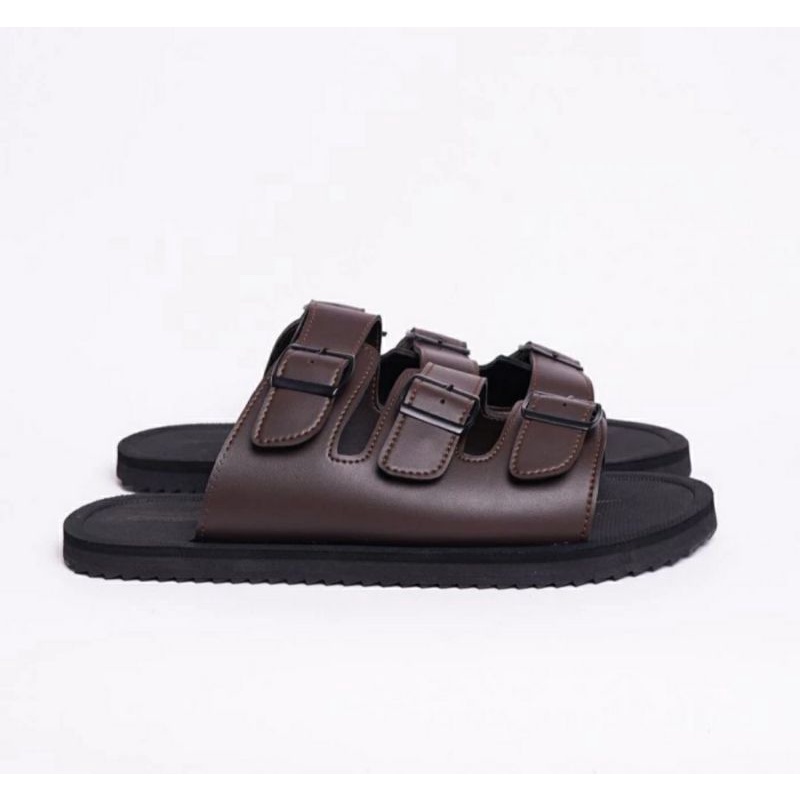 Sandal JUMBO / Sendal Pria KULIT Asli MK-01 Sandal Slop Semi Formal BIG Size 43-44-45-46-47-48-49 Sandal Slide Kaki Gemuk Lebar Besar Sendal Langka Brown, 44