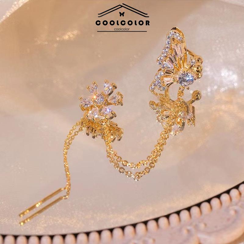 COD❤️Anting Kupu-kupu Cinta Bunga Telinga Tulang Klip  Terintegrasi Desain Rasa Temperamen Rumbai Eardrop- cl