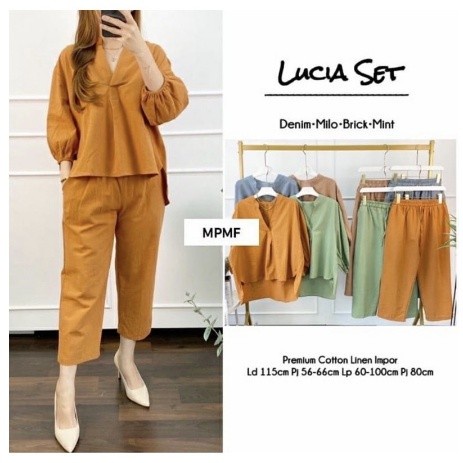 Lucia Set Setelan Wanita Blouse dan Pants Celana kekinian Bahan Katun Rami Premium GBM