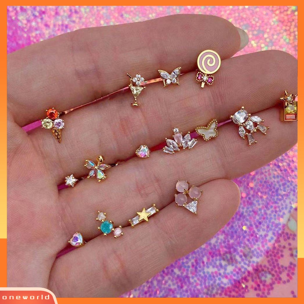 [WONE] Kupu-kupu Bentuk Gadis Anting Warna-Warni Kuningan Bentuk Mahkota Berlian Imitasi Shiny Ear Studs Perhiasan Pernikahan