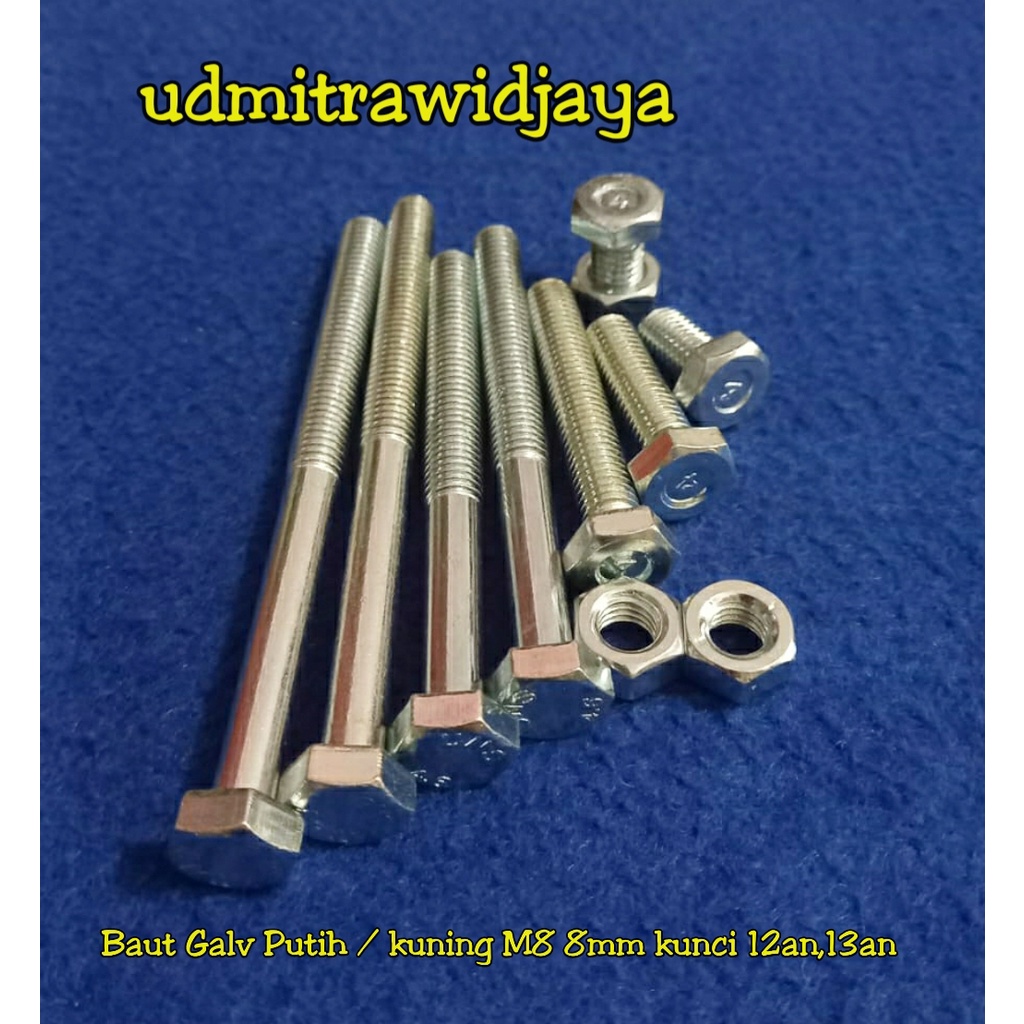 Baut kunci 12 13 baut mur galvanis M8x100mm panjang 1cm 2cm 3cm 4cm 5cm 6cm 7cm 8cm 9cm 10cm baut galvanis M8 8mm kunci 12an 12mm 13an baut rak susun baut pagar stainless baut pangkon mobil baut dump truck baut kawel