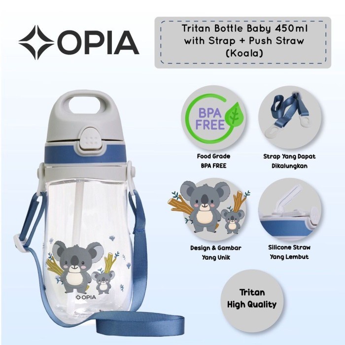 OPIA Tritan Bottle Kids Strap &amp; Push Straw 450ml - Unicorn / Bear Botol Minum Anak Kecil