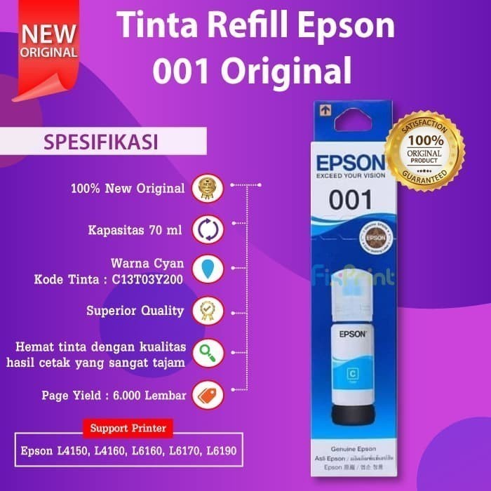 Tinta Refill Epson Original 001 70ml Black Cyan Magenta Yellow Tinta Refill Printer Epson L4150 L4160 L6160 L6170 L6190 L6290 L4266 L14150