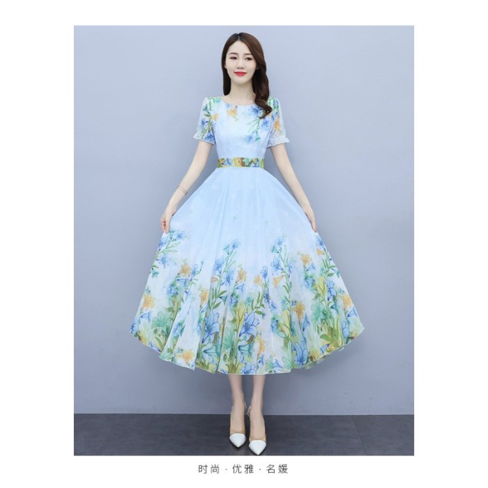 dress wanita biru muda motif bunga warna warni Korea lengan pendek