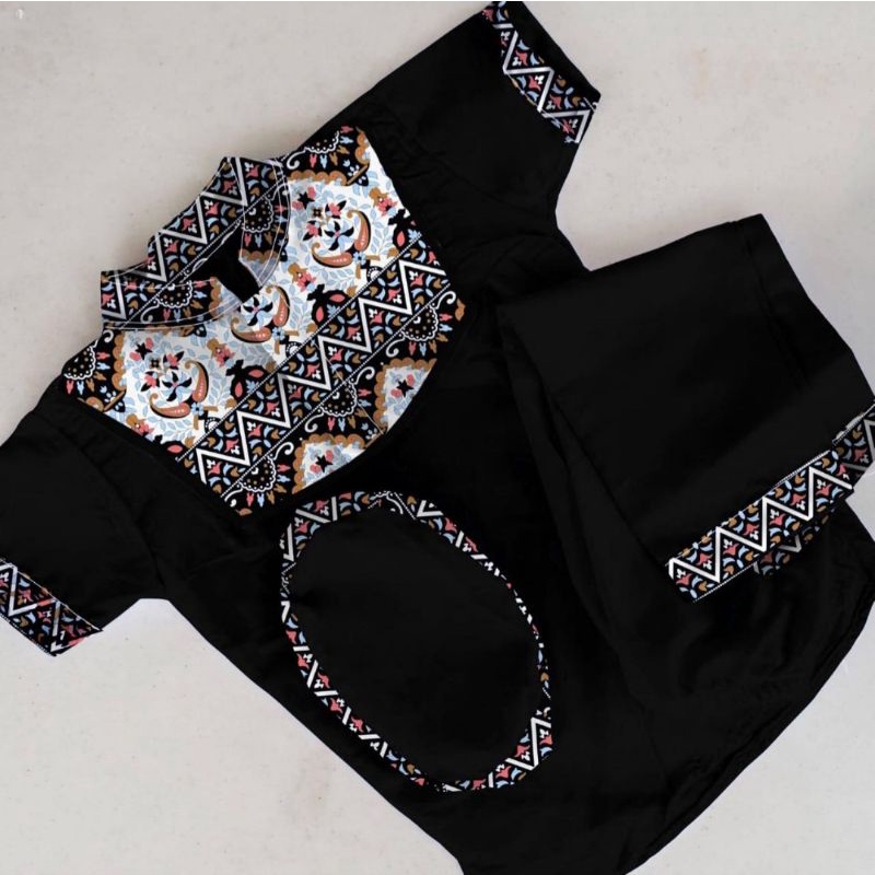 Promo setelan koko batik terbaru anak laki laki usia 1 sampai 10 tahun free peci/baju koko anak/koko anak/kurta anak/koko pakistan/gamis anak/jubah anak-Batik new hitam