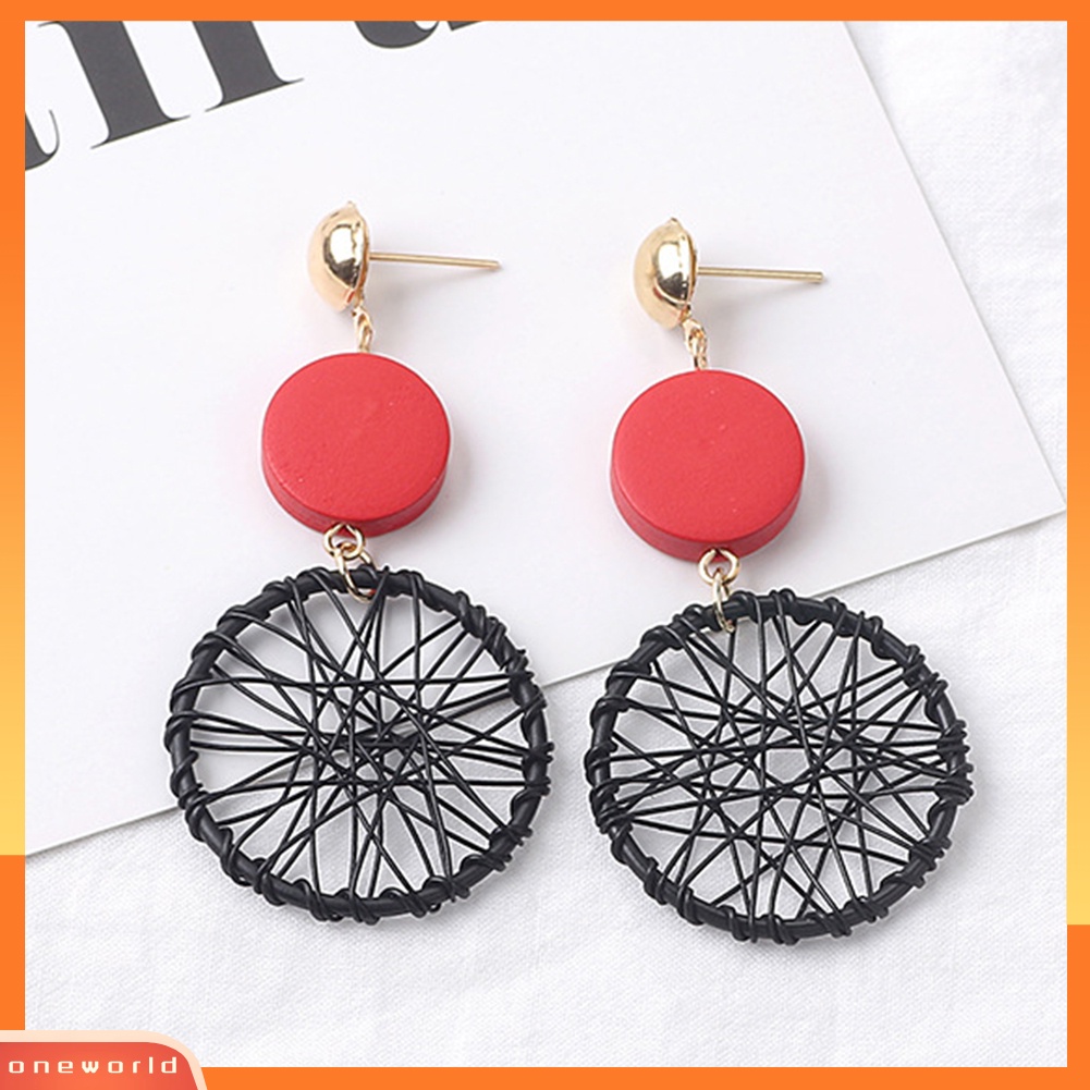 [WONE] Vintage Wanita Kayu Bulat Dreamcatcher Statement Stud Earrings Perhiasan Hadiah