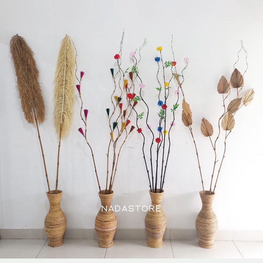 Paket Hemat Vas Rotan dan Stik Ulir bunga kering Decor Home Decor